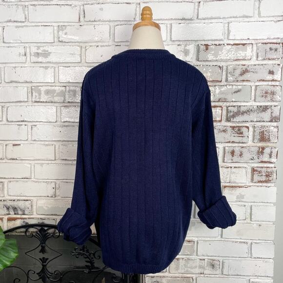 80s Carriage Court Navy Blue & Gold V-neck Button Down Preppy Sweater L - Picture 3 of 11
